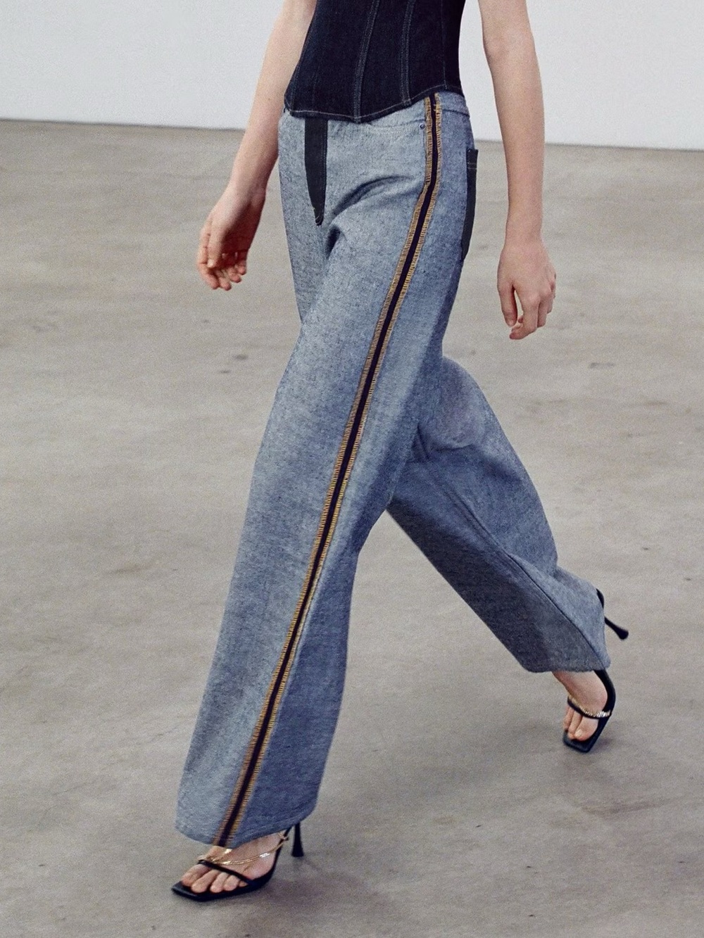 Zara Wide-Leg Chambray Pants with Side Stripe — Blue, Black, Gold